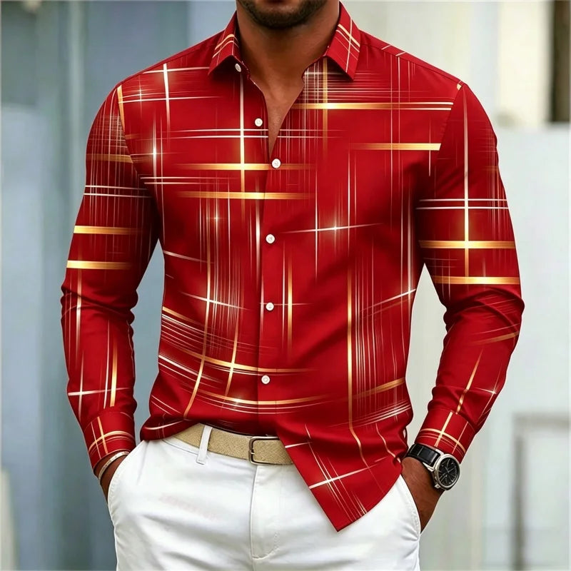 2026 men's shirt with fashionable printed lines, checkered long sleeved shirt, lapel, slim fit, business casual men's shirt