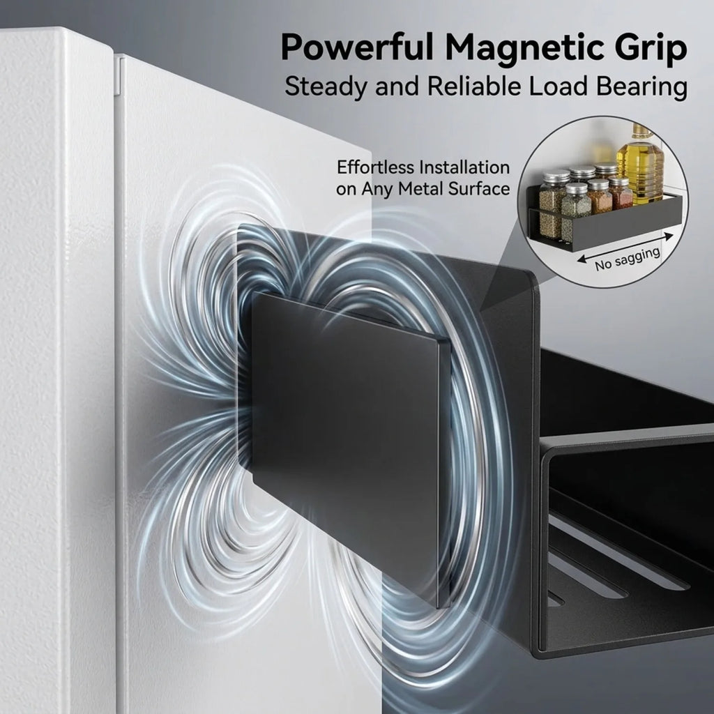 Showlu Smart General magnetic fridge spice rack holding small spice jars on a refrigerator door for organized storage.