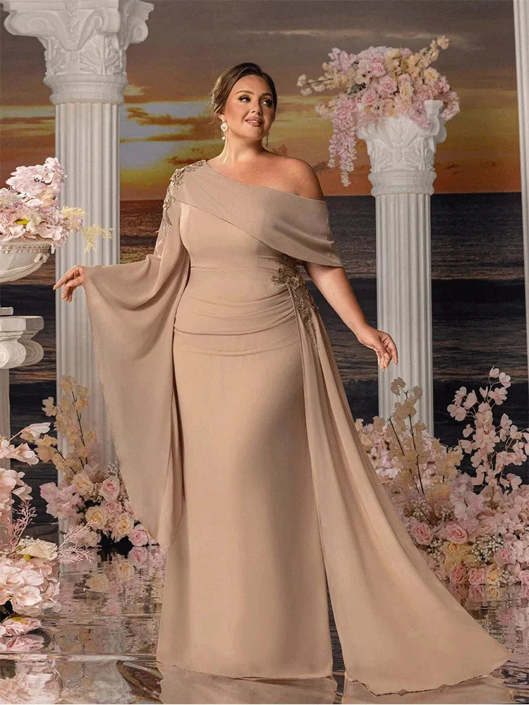 Showlu Fashion apricot chiffon plus size strapless floor-length gown with flowing design and elegant fit, perfect for formal occasions.