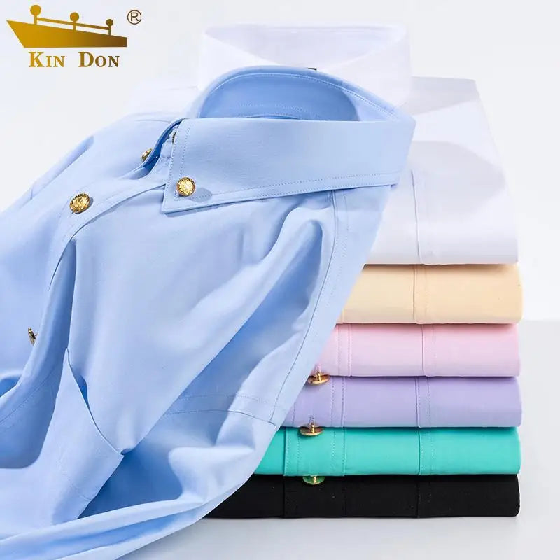 Men's luxury brass button long sleeve business casual shirt from Showlu Fashion, ironing resistant office work shirt.