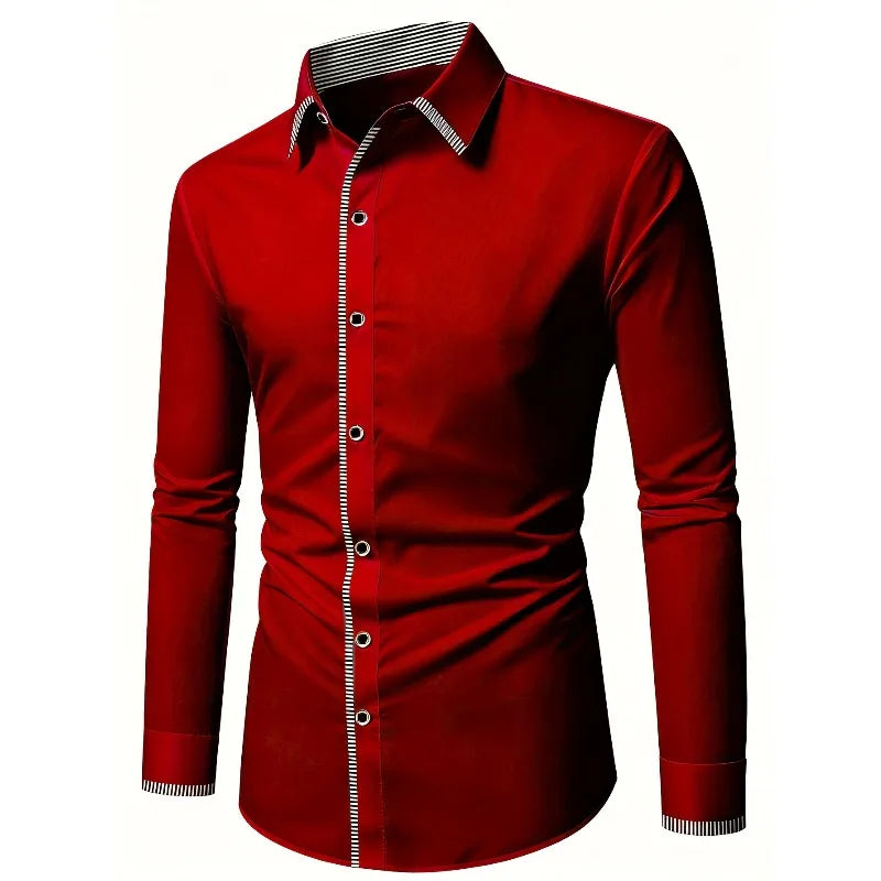 Men's patchwork shirt by Showlu Fashion Store, long sleeve smart casual micro elastic dress shirt for four seasons.