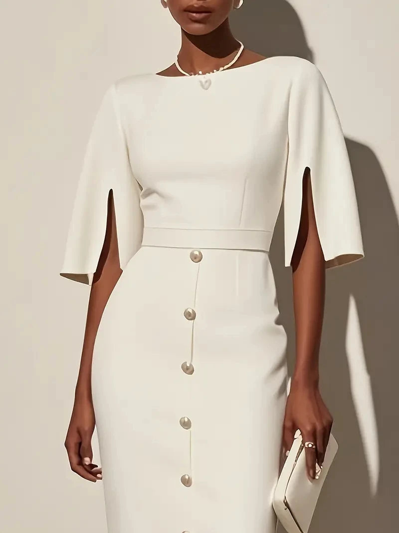 Slim fit Showlu women's mid-calf sheath dress with split sleeves, stylish and elegant for formal or casual occasions.
