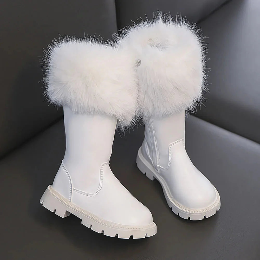 Girls' waterproof snow boots by SHOWLU FASHION STORE with faux fur lining, mid-calf height, ideal for winter snow conditions.