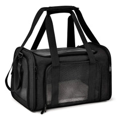 A black soft-sided pet carrier with mesh windows and carrying handles.