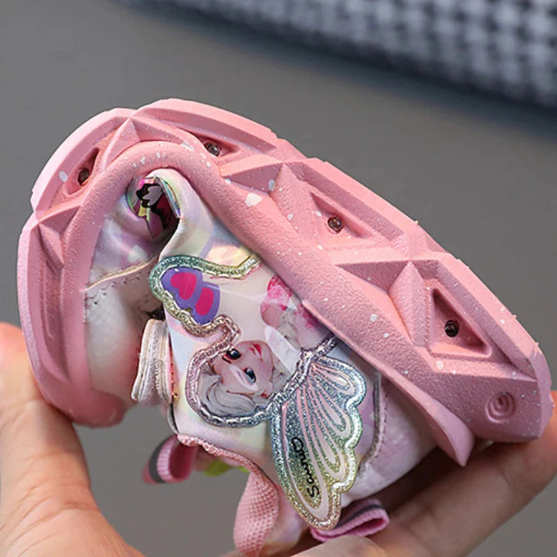 Pink and purple leather sneakers for girls featuring Disney Frozen Elsa with LED lights, stylish and comfortable for kids.