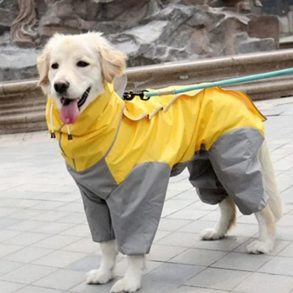 Large waterproof dog raincoat hoodie by Showlu Fashion, featuring PU leather poncho design for rainy weather protection.