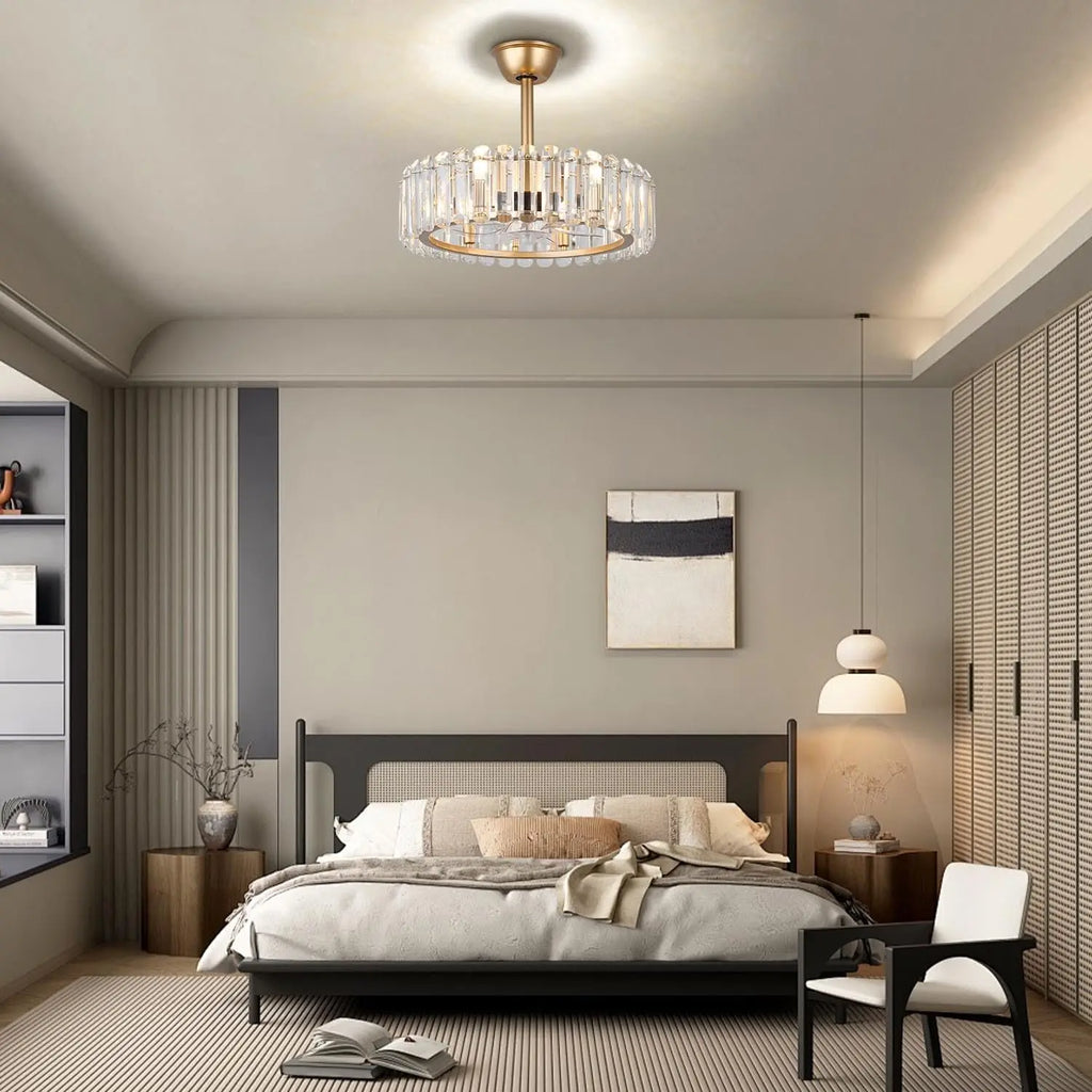 Showlu 20-inch crystal chandelier ceiling fan with flush mount and caged design, featuring crystal accents and elegant style.