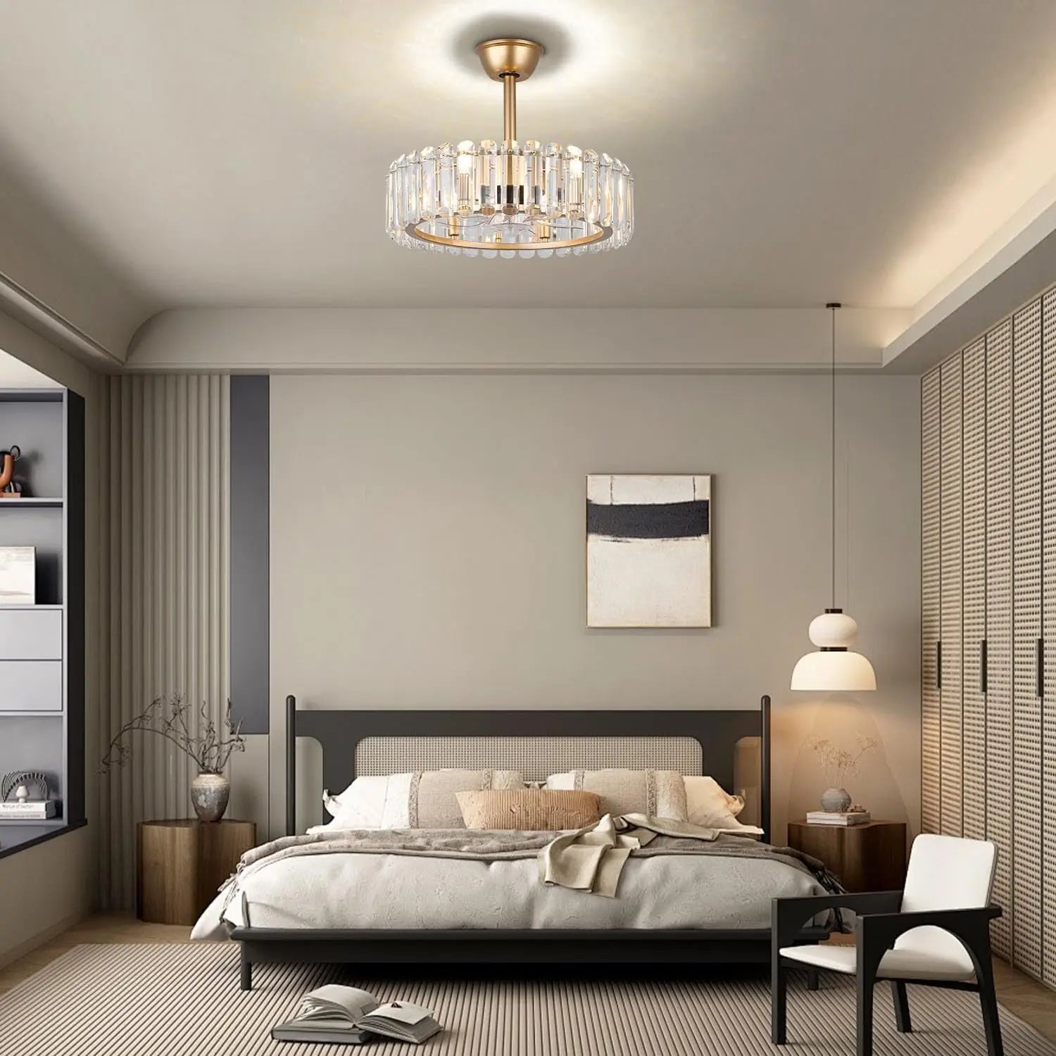 Showlu 20-inch crystal chandelier ceiling fan with flush mount and caged design, featuring crystal accents and elegant style.