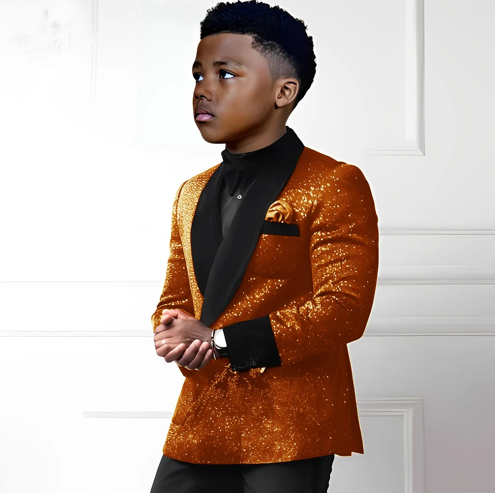 Sequin boys suit 2-piece set with double-breasted blazer and pants, stylish wedding tuxedo for kids aged 2-16 from Showlu Fashion