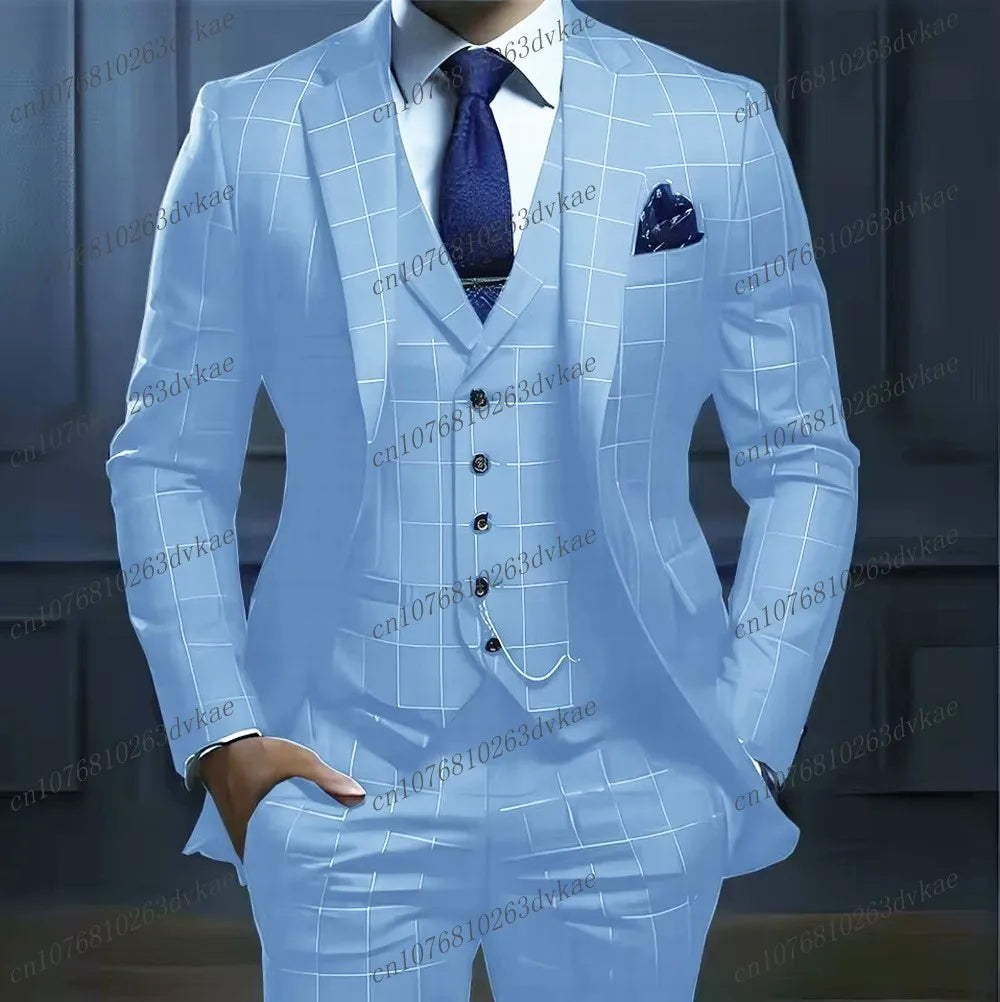 Navy blue men's plaid tuxedo set with blazer, vest, and pants for wedding or formal occasions, by Showlu Fashion Store.