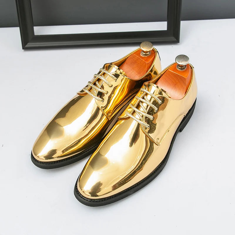 Men's golden leather party shoes with shiny pointed toe, formal dress shoes from Showlu Fashion Store.