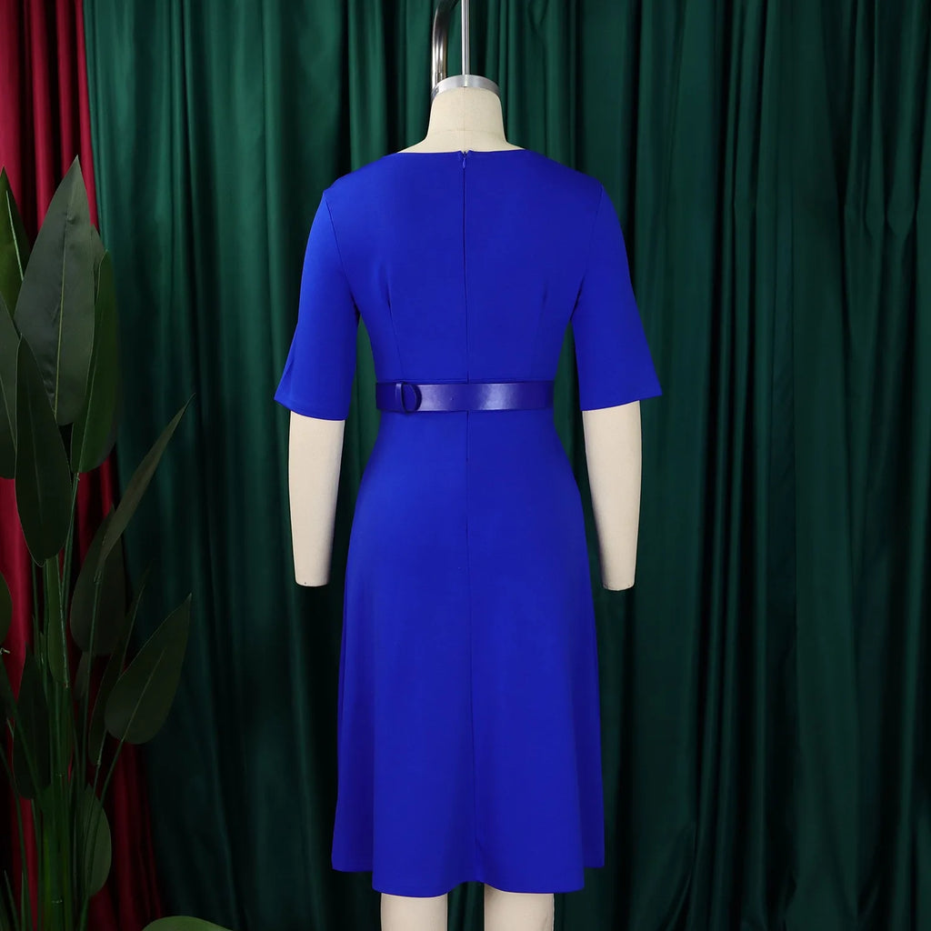 Elegant Office Dresses for Woman V Neck Half Sleeve High Waisted Belt Waisted Pleated Mid Calf Classy Modest Female Work Gowns