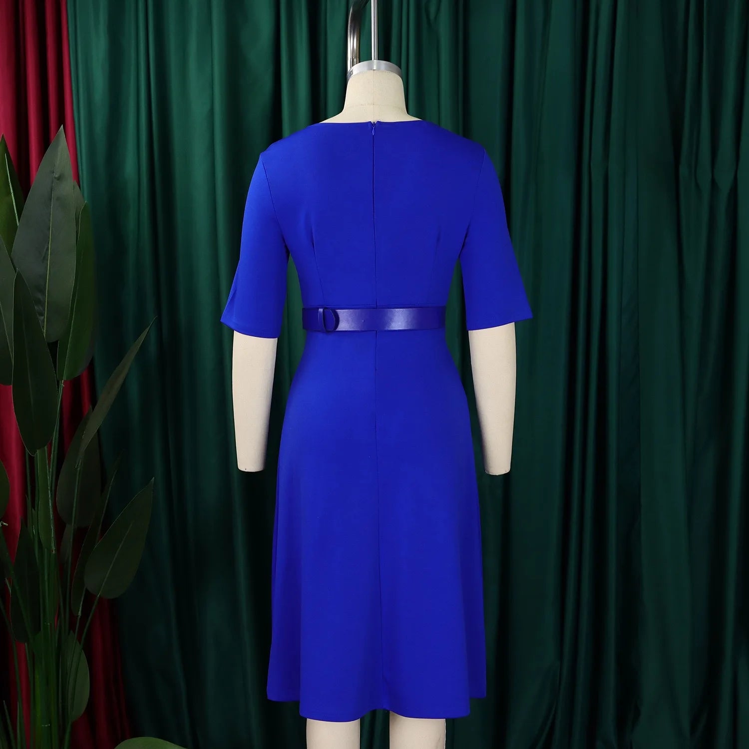 Elegant Office Dresses for Woman V Neck Half Sleeve High Waisted Belt Waisted Pleated Mid Calf Classy Modest Female Work Gowns