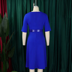Elegant Office Dresses for Woman V Neck Half Sleeve High Waisted Belt Waisted Pleated Mid Calf Classy Modest Female Work Gowns