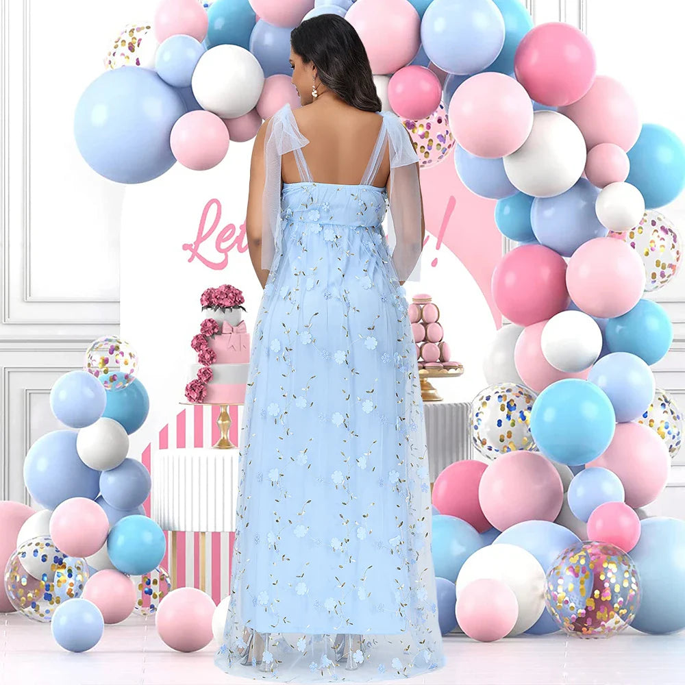 Showlu maternity tulle floral embroidery gown with V-neck, perfect for photoshoots, in soft pastel colors.