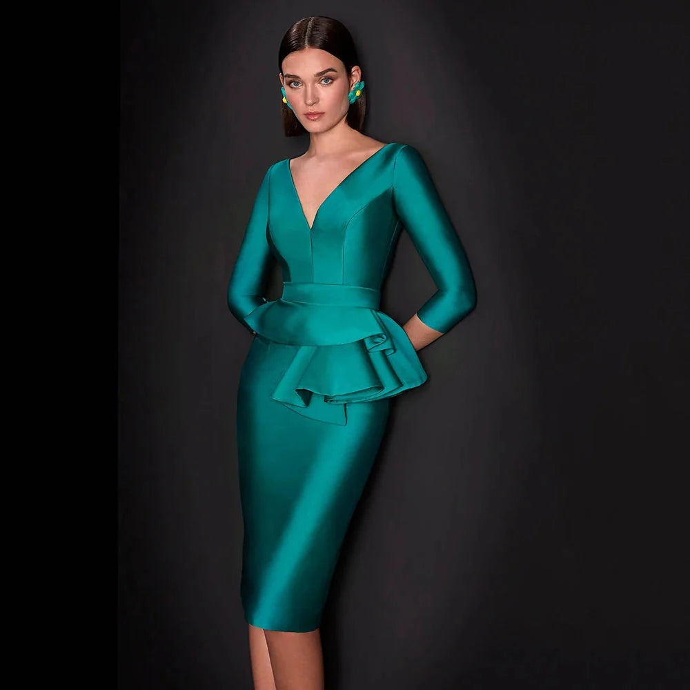 Turquoise satin V-neck cocktail dress with ruffles, designed for weddings and special occasions, by SHOWLU FASHION STORE.