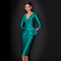 Turquoise satin V-neck cocktail dress with ruffles, designed for weddings and special occasions, by SHOWLU FASHION STORE.