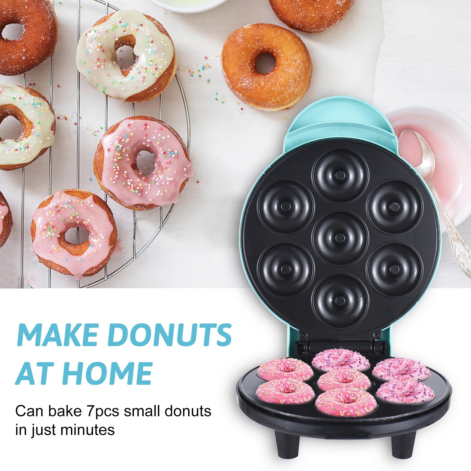 Showlu Smart General Homgeek 7-Hole Mini Donut Maker with 700W, black and silver compact appliance for homemade donuts.