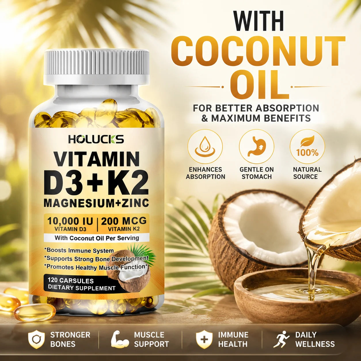 Vitamin D3 K2 Capsule, with Coconut Oil, Promotes Strong Bones, for Teeth,Heart Cardiovascular Health, Magnesium+Zinc Supplement