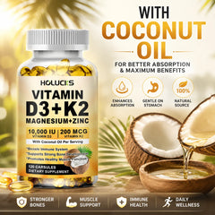Vitamin D3 K2 Capsule, with Coconut Oil, Promotes Strong Bones, for Teeth,Heart Cardiovascular Health, Magnesium+Zinc Supplement