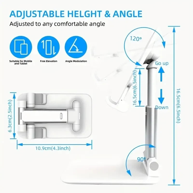 Foldable mobile phone holder stand with adjustable, flexible design for tablets and smartphones, supporting desktop use.