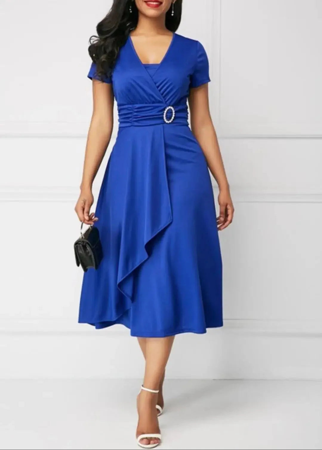 Women's V-neck chiffon midi dress by SHOWLU FASHION STORE, solid color A-line style suitable for parties