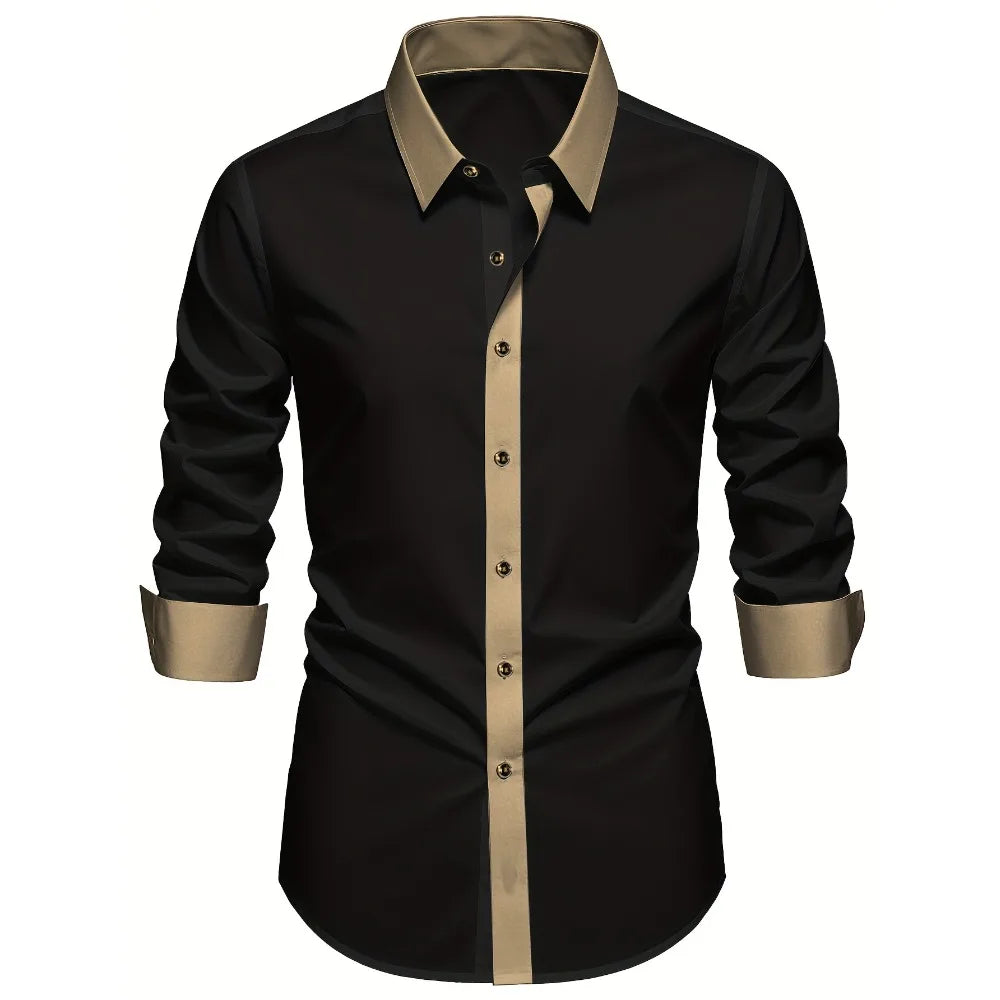 Showlu Smart General men's black patchwork long sleeve shirt with elastic cuffs, ideal for smart casual or business dress.