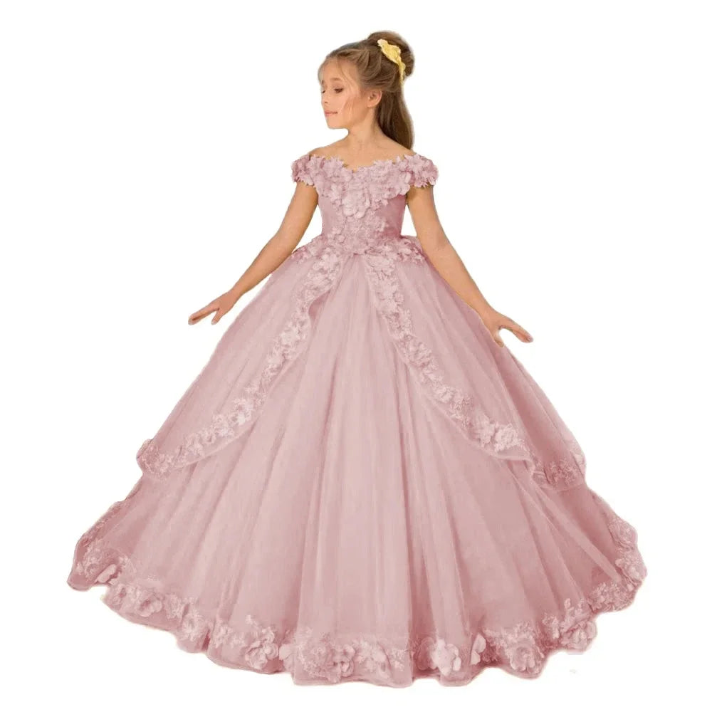 Yellow flower girl dress by Showlu Fashion with beading and appliqué for pageants, birthdays, first communions, and prom for kids.