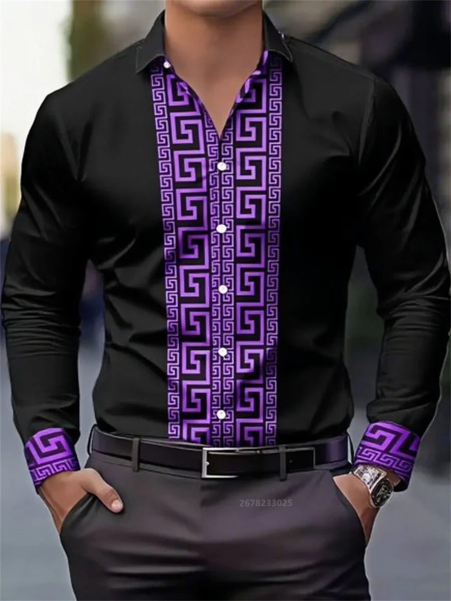 Men's patterned long-sleeved shirt with lapel buttons, stylish casual top by Showlu Fashion Store, comfortable and versatile design.