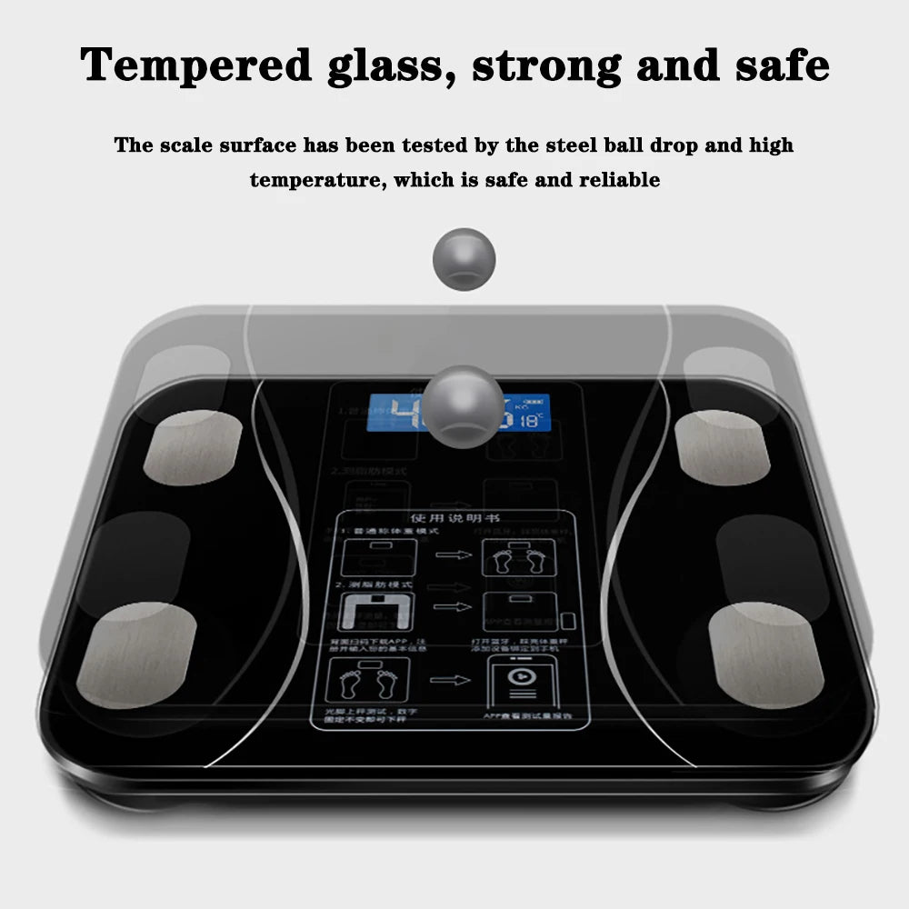 Showlu Smart digital bathroom scale with glass surface, measuring up to 200kg for accurate body weight tracking.