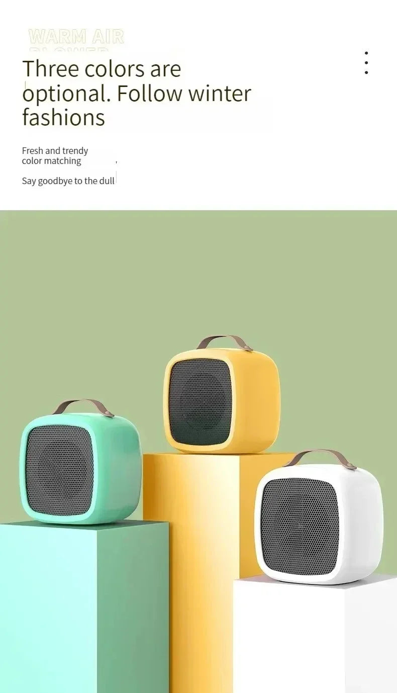 Mini 500W portable fan heater by Showlu Smart General, showing a compact heating appliance with adjustable controls and safety features.