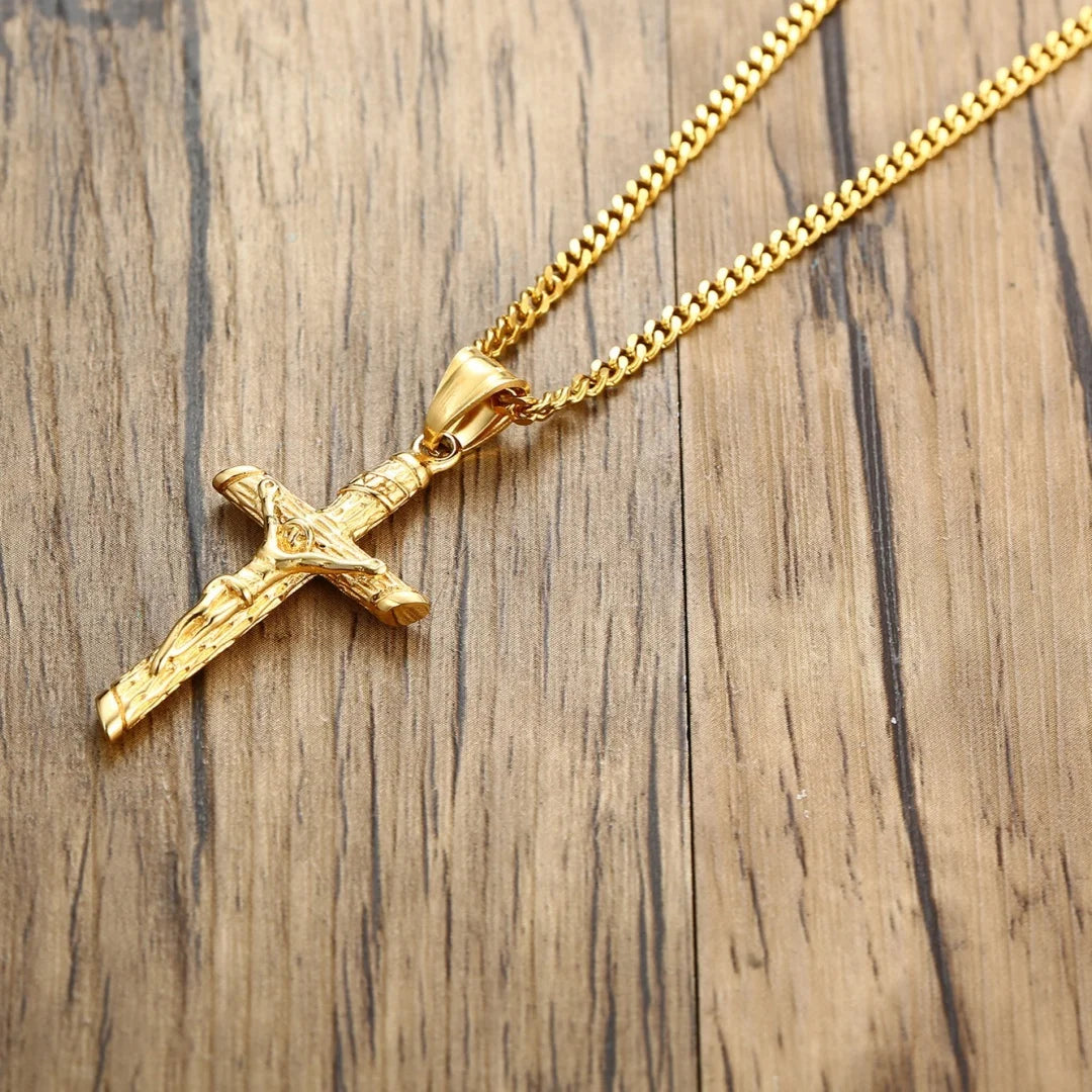 Stainless steel Catholic cross necklace with Jesus pendant in gold color, jewelry for men and women, religious prayer and faith gift