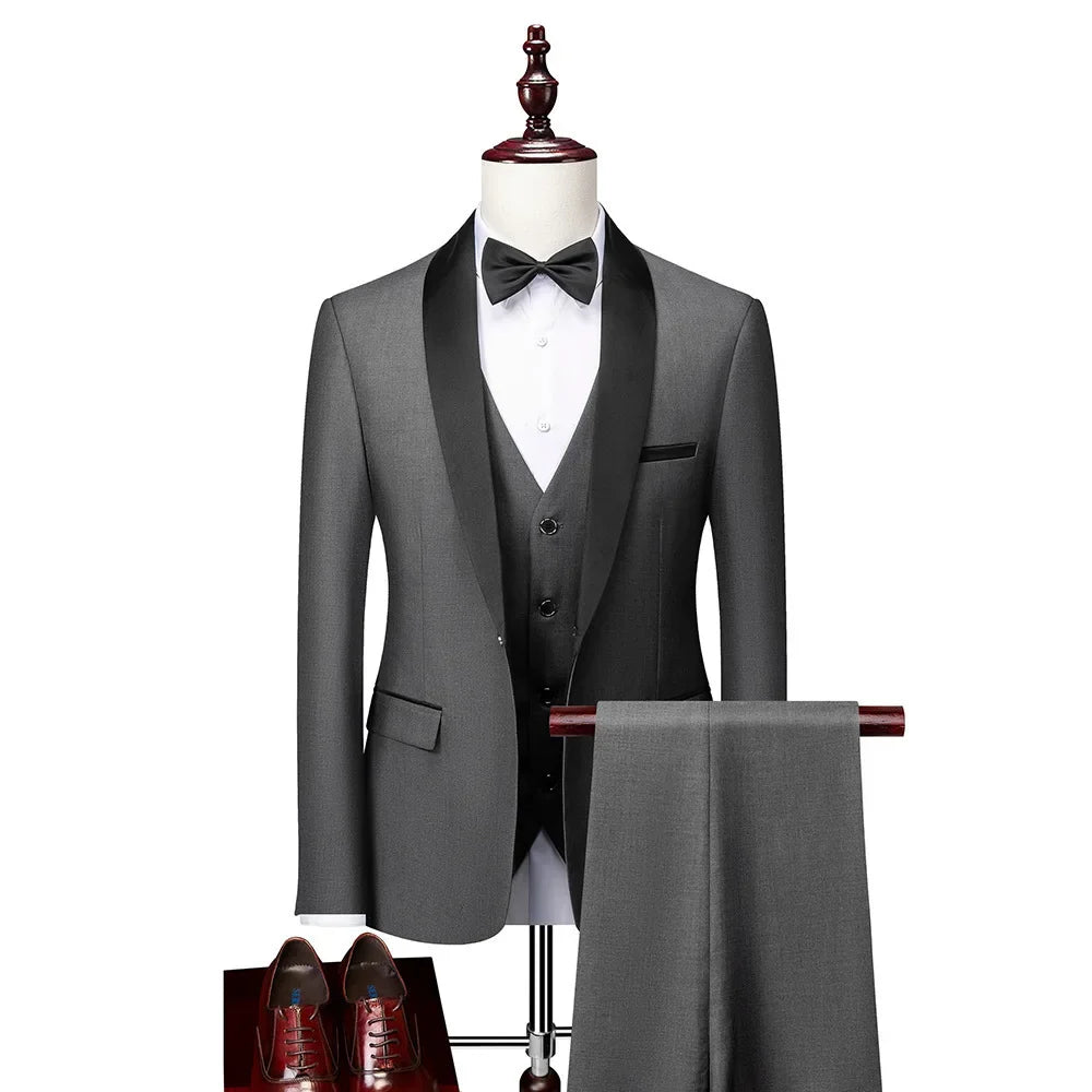 Men's 3-piece suit jacket, vest, and trousers in high-quality fabric, ideal for formal, business, or wedding attire.