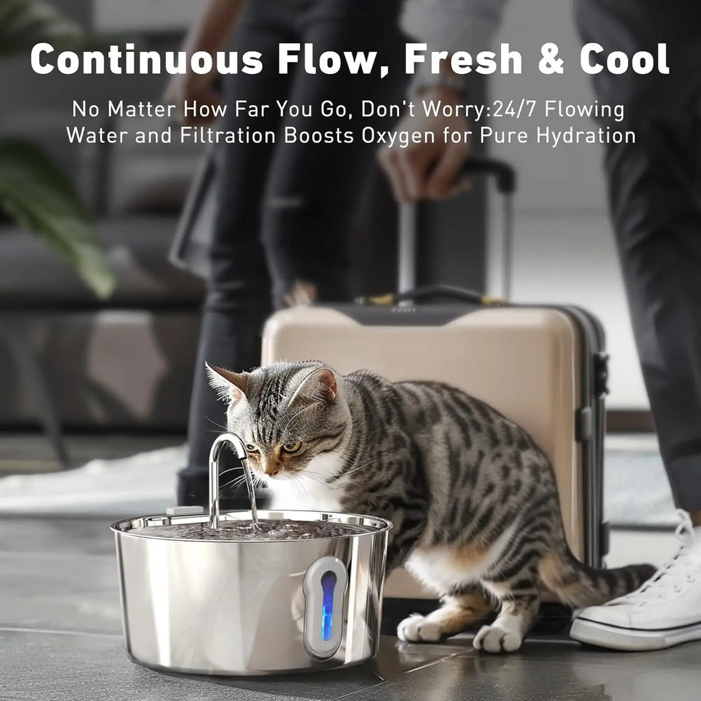 Stainless steel OYES cat water fountain with 135oz capacity, automatic pet dispenser, featuring a sleek, modern design for pets.