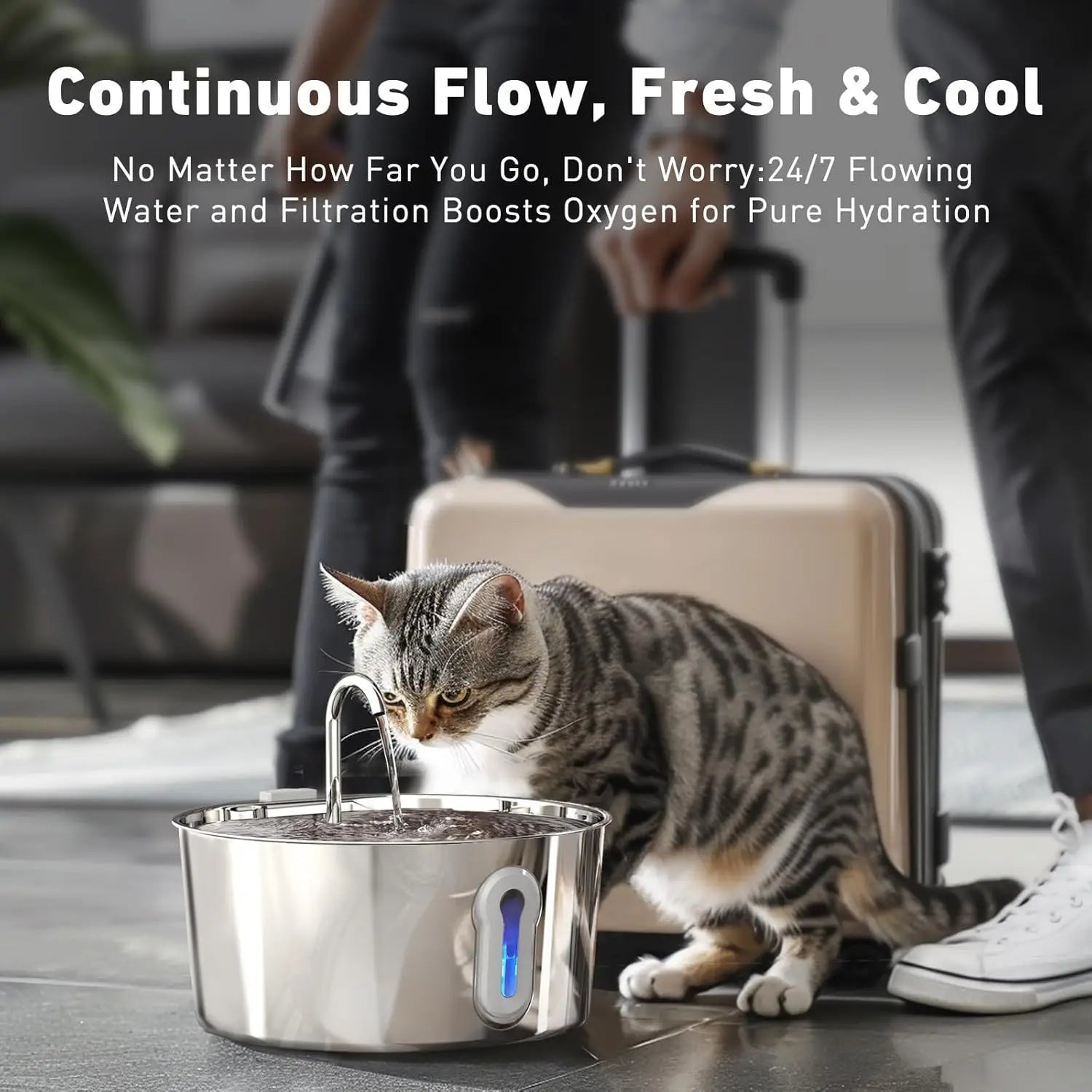 Stainless steel OYES cat water fountain with 135oz capacity, automatic pet dispenser, featuring a sleek, modern design for pets.