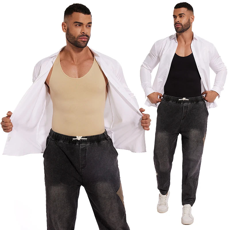 Miss Moly men's full body shaper compression slimming shapewear bodysuit, seamless design, black fabric, full coverage.