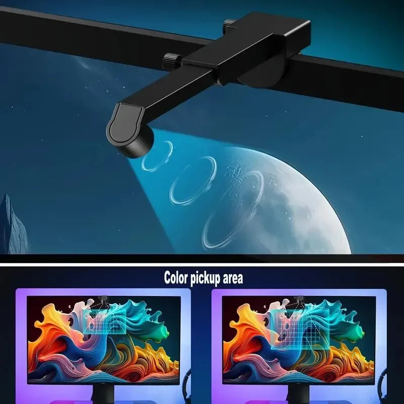RGB TV LED backlight strip with color sensor from Showlu Smart General, showing colorful LED lights attached behind a television.