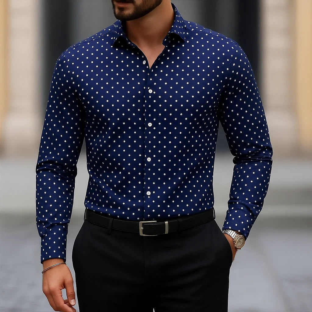 Showlu men's geometric pattern long sleeve shirt with casual business lapel, featuring a stylish design and comfortable fit.