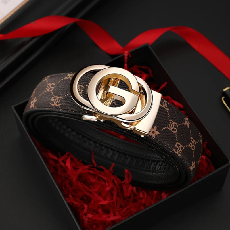 Men's genuine leather belt with metal alloy automatic buckle, luxury design, stylish waist strap for men.
