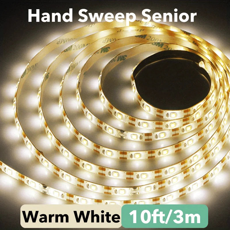 Flexible USB LED strip light in warm white from Showlu Smart General, showcasing the 5V tape illuminated in a close-up view.