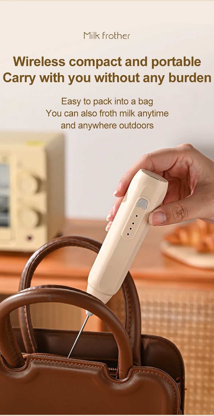 Showlu Smart Portable Mini Electric Milk Frother with 3-speed settings, rechargeable handheld device for creamy froth.