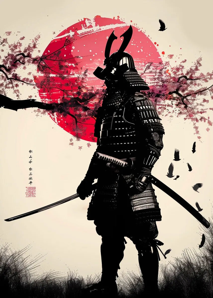 Japanese landscape art poster featuring samurai, geisha, bonsai, torii gate, sakura, and traditional scenery for home decor.