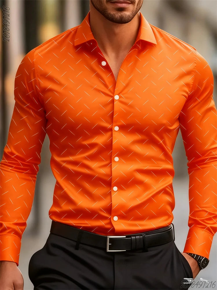Men's long-sleeved geometric patterned shirt with 17 colors, showing a fashionable, comfortable, non-iron business casual top.