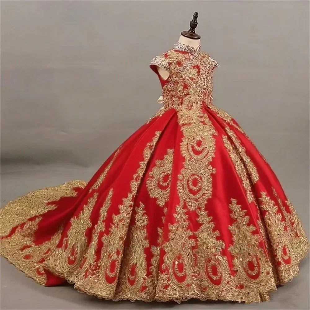 JDY Custom girls' sleeveless ball gown with gold lace embroidery and long train, elegant princess dress for special occasions