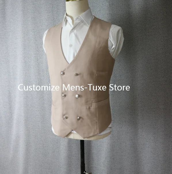 Beige men's 3-piece suit with stand collar, double-breasted, slim fit, suitable for formal, casual, wedding, or groom attire.