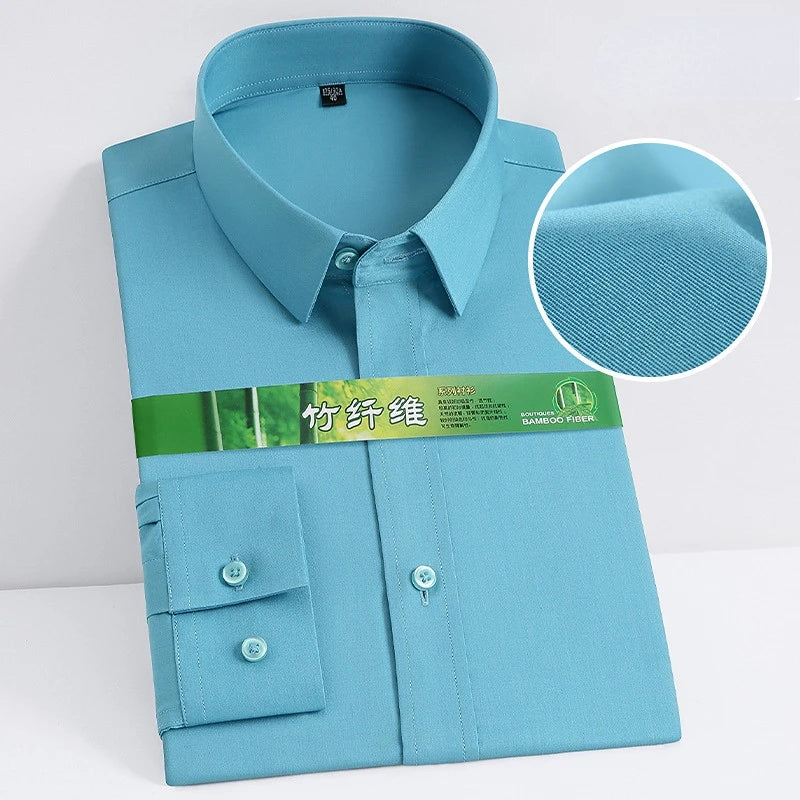 White bamboo fiber men's long sleeve dress shirt by Showlu Fashion, featuring a professional, soft, and stretchy business style.