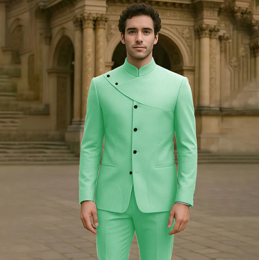 Men's tailored single-breasted suit featuring a jacket and pants, stylish high fashion design for smart casual occasions.