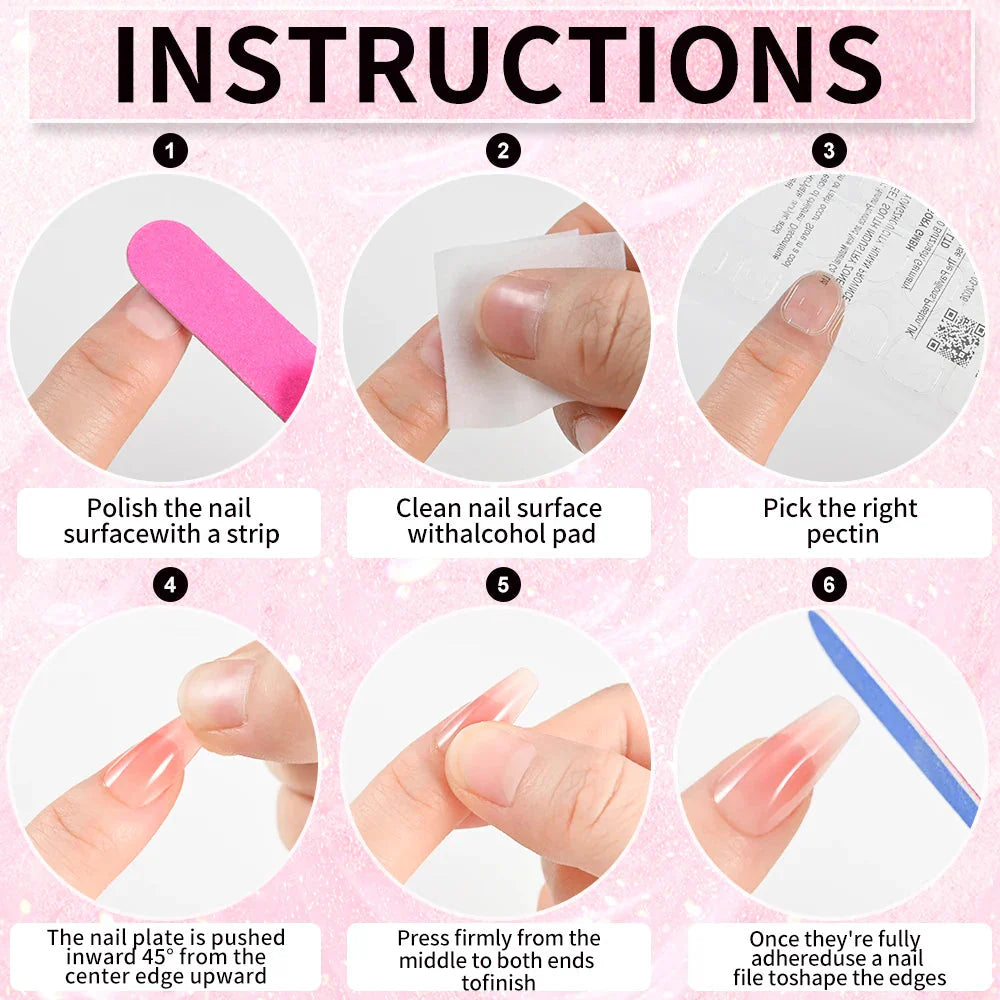 Set of 100 pink and white press-on nails with medium trapezoid acrylic tips by SHOWLU FASHION STORE, displayed on a neutral background.