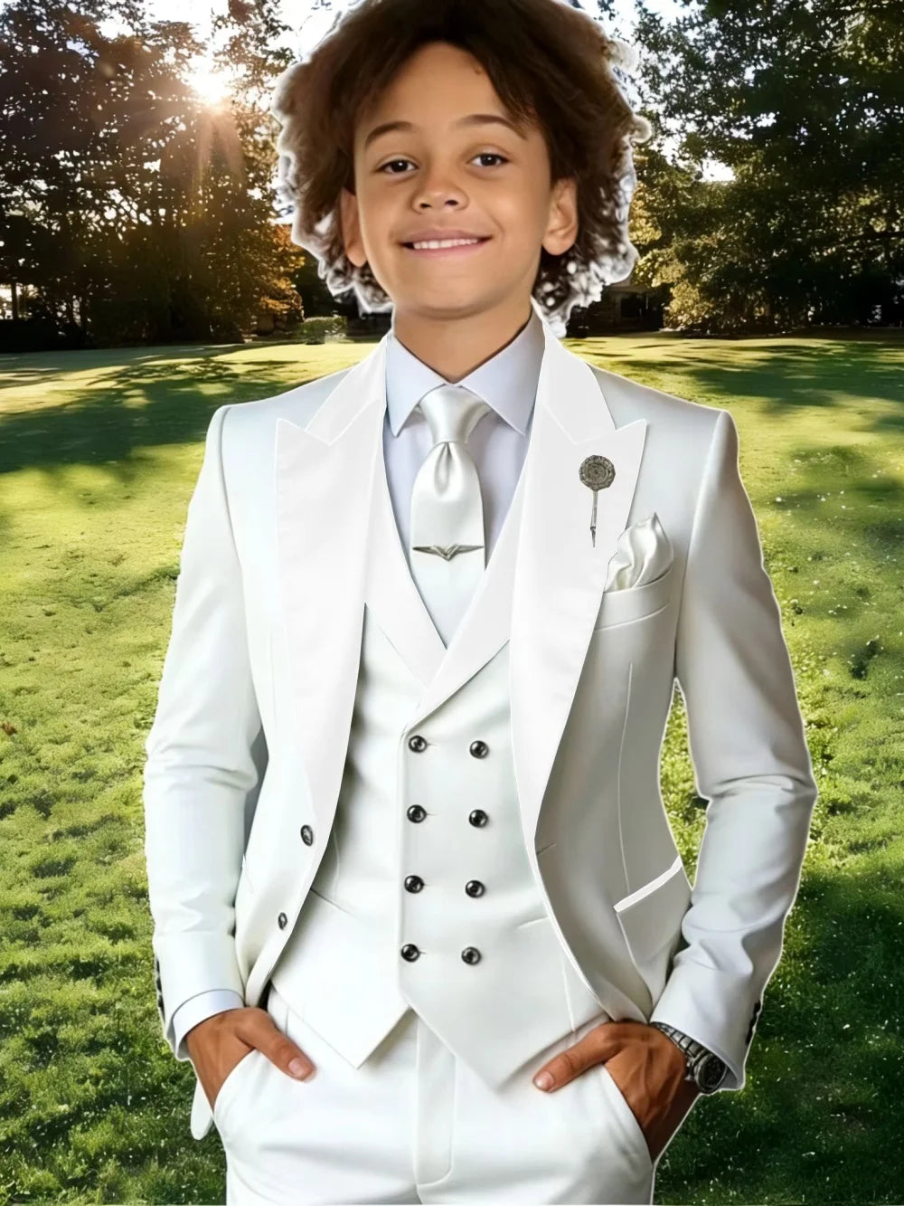 Kids suit set by Showlu Smart General with a classic peak lapel, three-piece stage performance outfit for boys, plus size available.