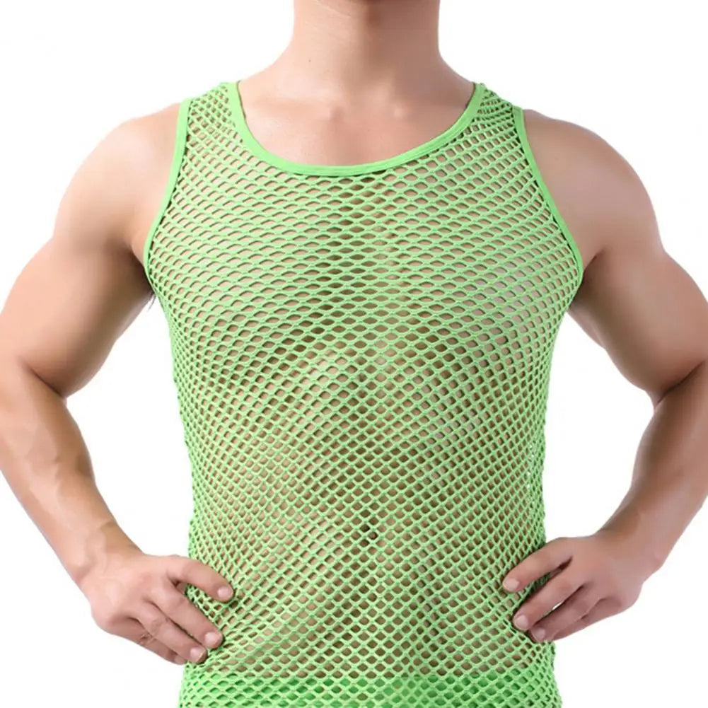 Showlu men's sheer mesh undershirt with long sleeves, transparent and form-fitting, designed for a sexy, stylish look.
